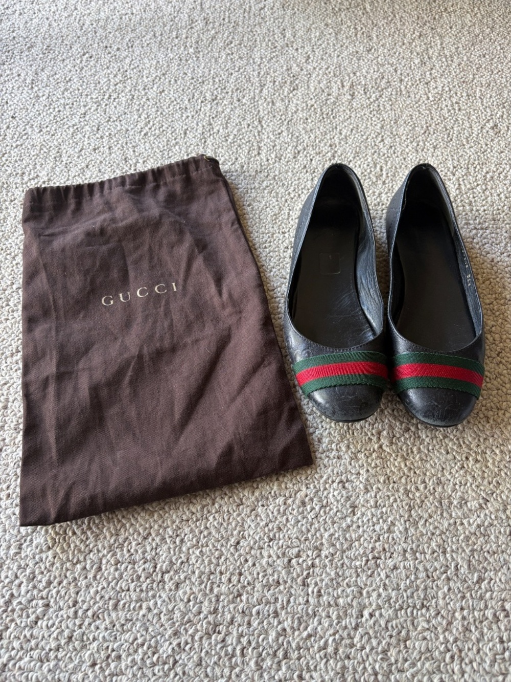 Gucci Ballet Flats 36.5 Black Leather Web Stripe w Box & Dust Bag Round Toe - Picture 8 of 10